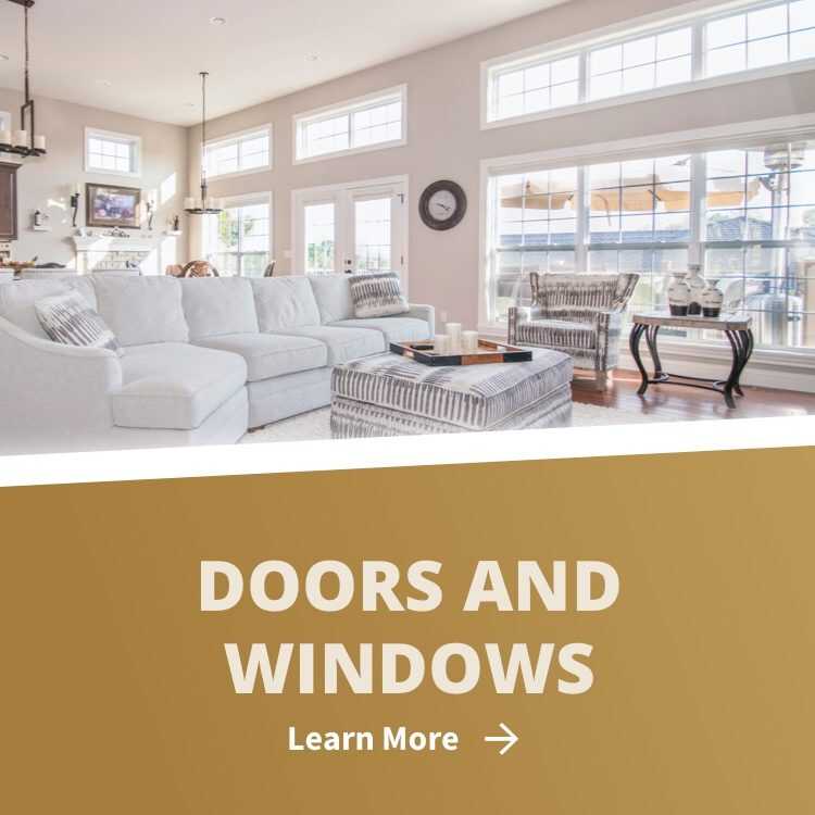 Doors and windows in living room with white trim and learn more link