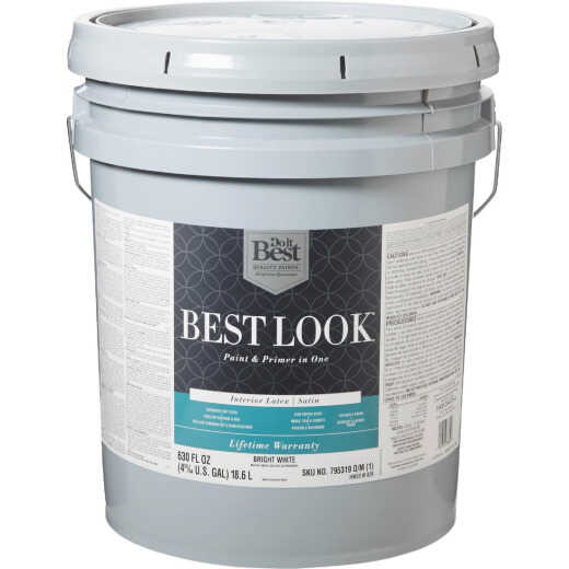 Best Look Latex Premium Paint & Primer In One Satin Interior Wall Paint, Bright White, 5 Gal.