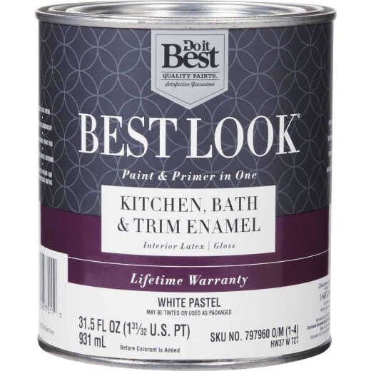Best Look Latex Paint & Primer In One Kitchen Bath & Trim Enamel Gloss Interior Wall Paint, White-Pastel Base, 1 Qt.